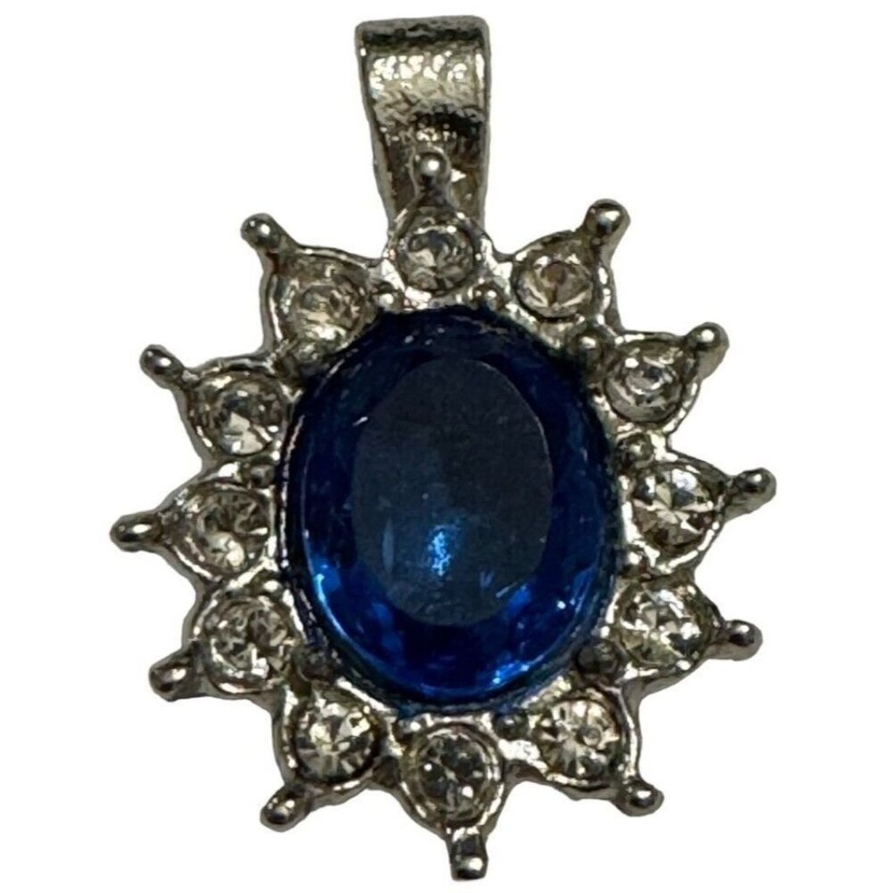 Jewelry Necklace Pendant Blue Center Oval Silver-Tone White Clear Rhinestones - Picture 2 of 5